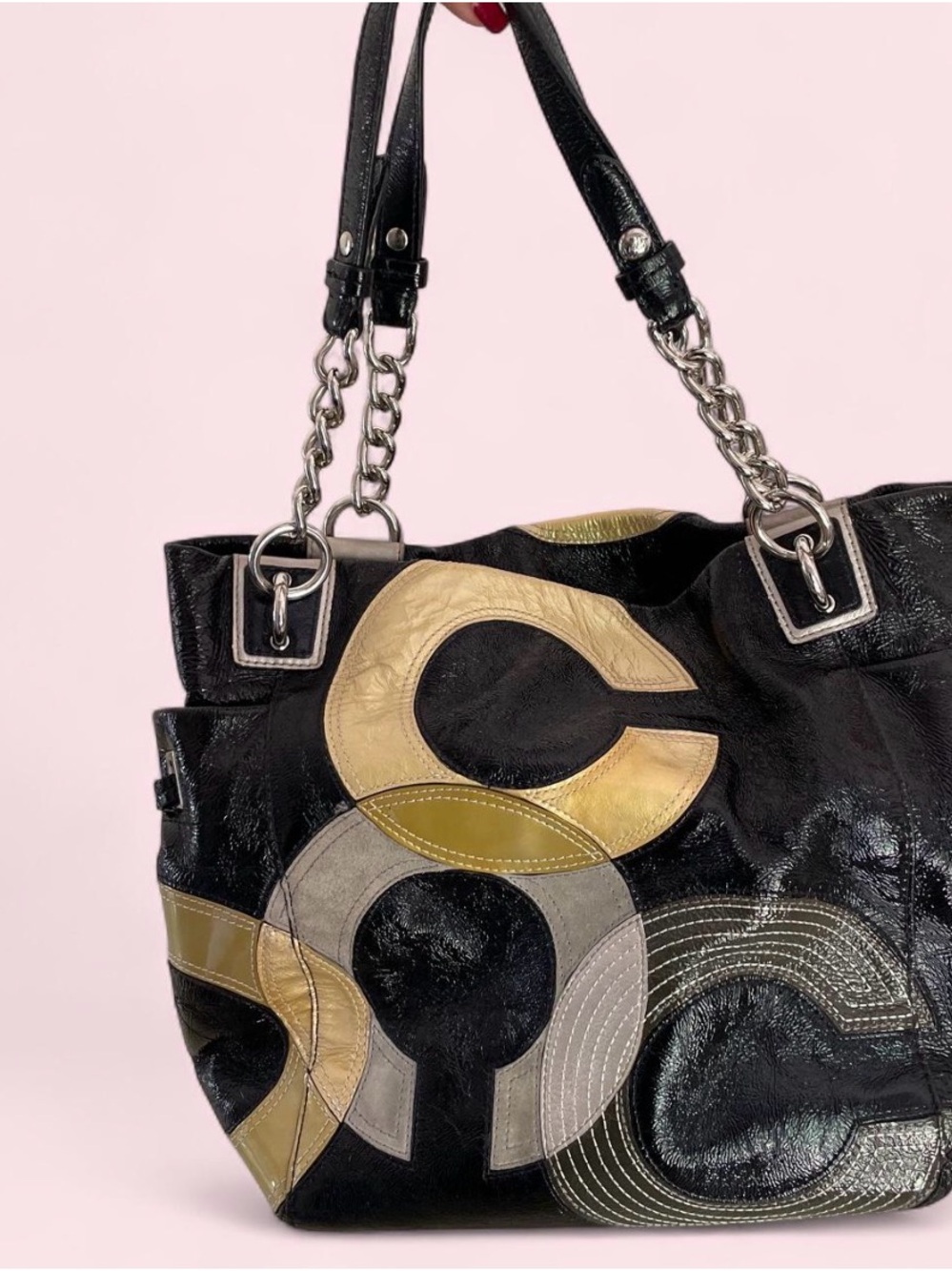 Coach Black Leather Tote with Metallic Gold & Silver Patchwork